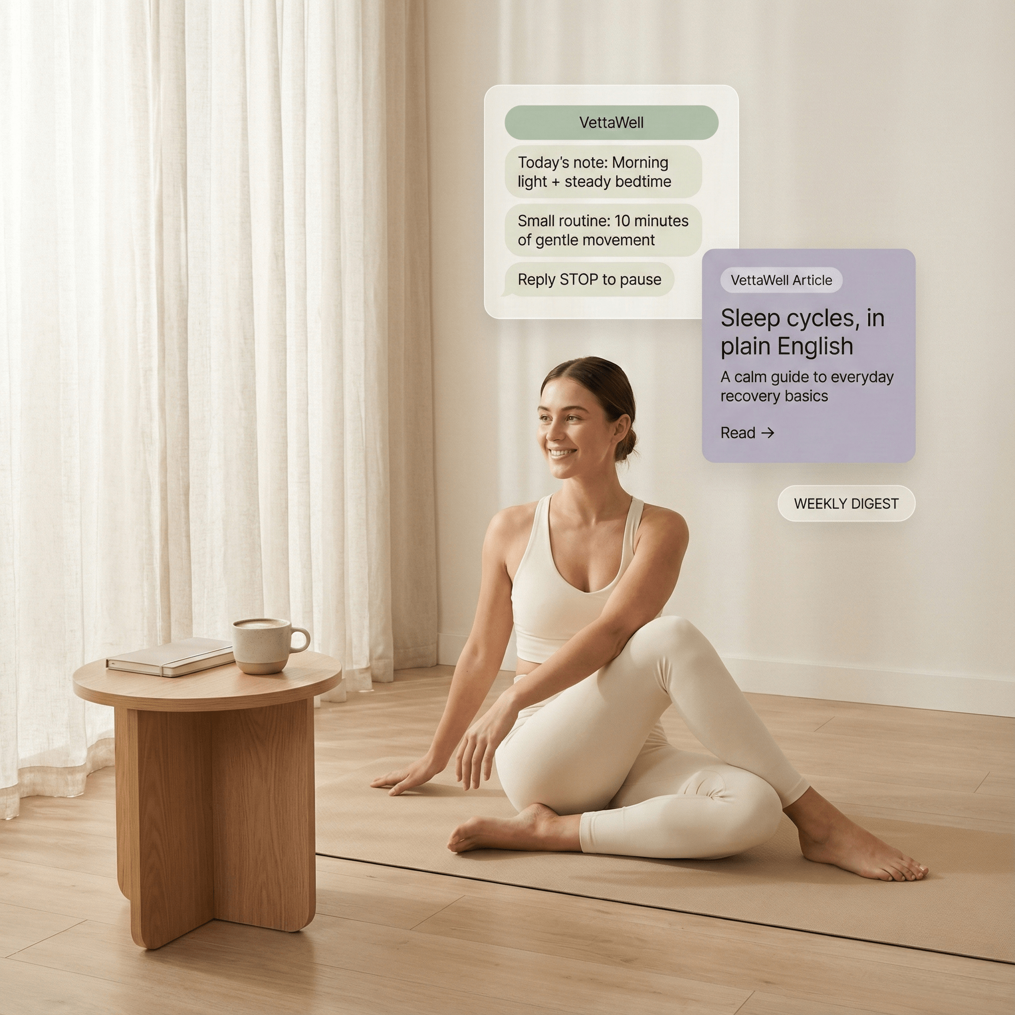 Woman practicing wellness in a calm, minimal setting
